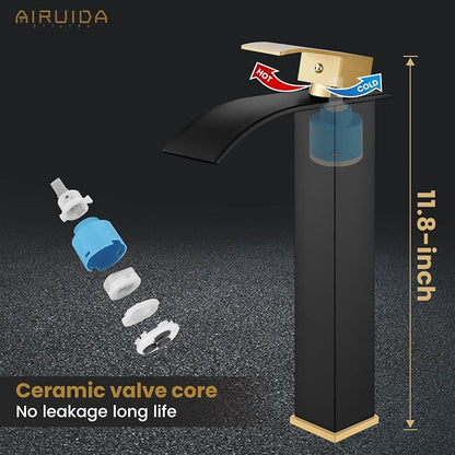 Airuida Vessel Sink Faucet, Black&Gold Tall Waterfall Bathroom Faucet | Single Handle,Tall Bathroom Faucet 1 Hole,Vanity Faucet,without Drain,Bowl Bathroom Faucet