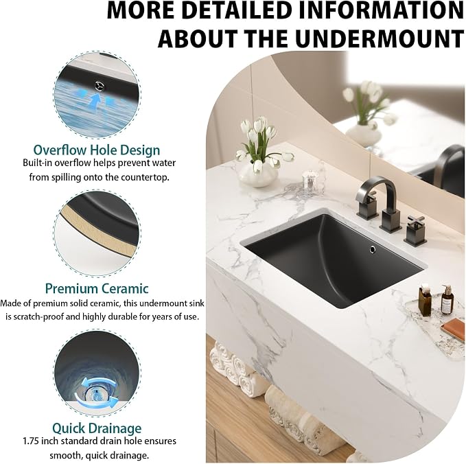 Black Ceramic 18"x14" Undermount Bathroom Lavatory Sink | Rectangle under counter black bathroom vessel sink for bathroom with overflow
