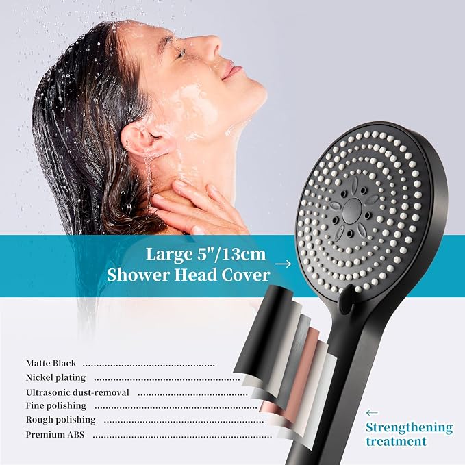 OFFO Matte Black Handheld Shower Head, 6-Mode High Pressure, 5" Large Face, Chrome Plated Finish, Includes Shower Head, Washers, Water Saving Gasket