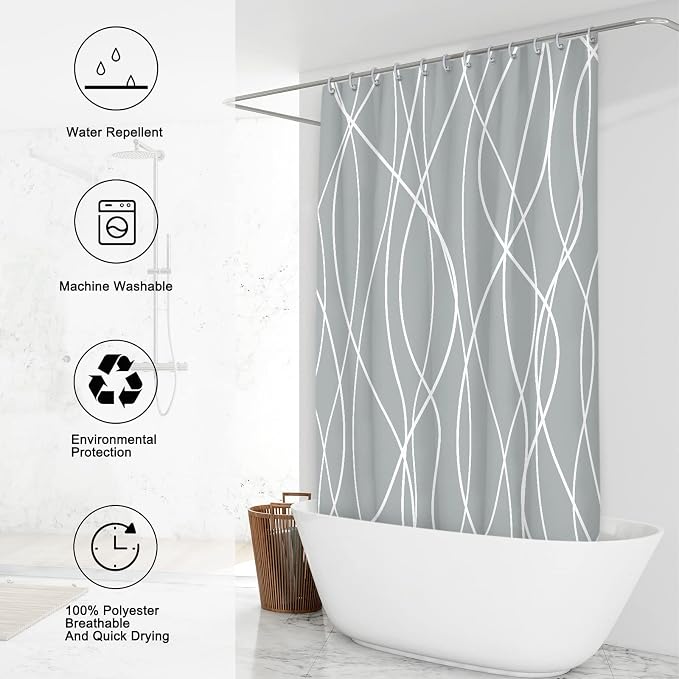 Striped Shower Curtain for Bathroom, Light Grey White, 72"W x 72"L | with Hooks, Modern Hotel Style, Water Repellent, Washable, Weighted Hem