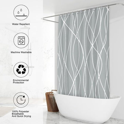 Striped Shower Curtain for Bathroom, Light Grey White, 72"W x 72"L | with Hooks, Modern Hotel Style, Water Repellent, Washable, Weighted Hem