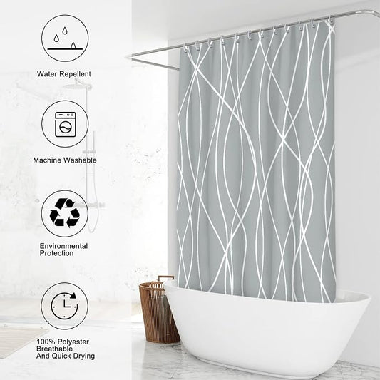 Striped Shower Curtain for Bathroom, Light Grey White, 72"W x 72"L | with Hooks, Modern Hotel Style, Water Repellent, Washable, Weighted Hem