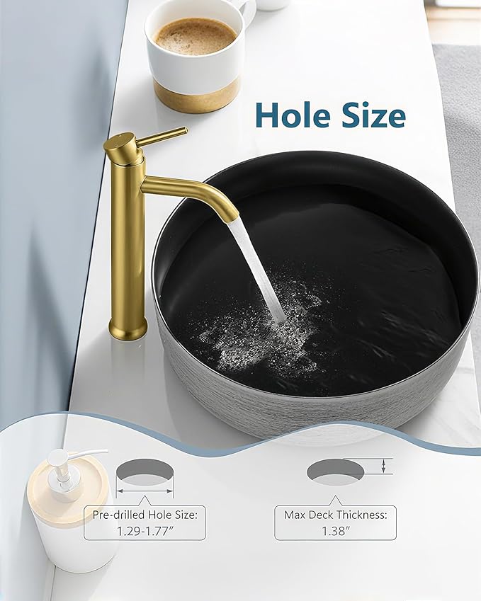 Aolemi Vessel Sink Faucet – SUS304 Stainless Steel Tall Bathroom Faucet,Single Lever Handle,1 Hole Bathroom Faucets with Supply Lines and Pop Up Drain,Gold