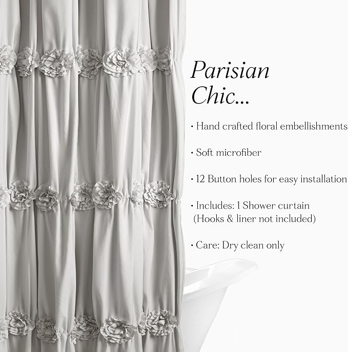 Lush Decor Darla Ruched Floral Bathroom Shower Curtain, 72” x 72”, Light Gray