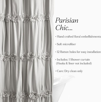 Lush Decor Darla Ruched Floral Bathroom Shower Curtain, 72” x 72”, Light Gray