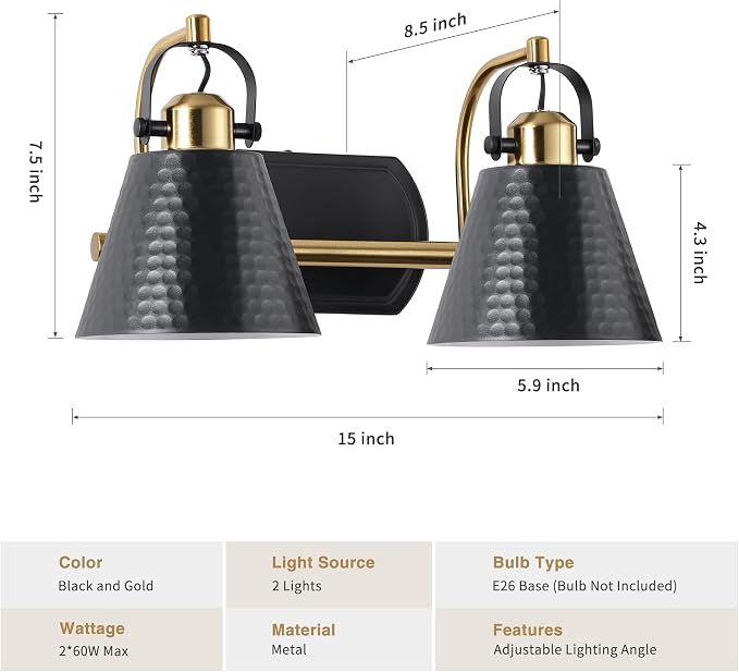 2-Lights Black and Gold Vanity Light, Farmhouse Vanity Light with Rotatable Hammered Shade, Bathroom Light Fixtures Over Mirror, Modern Wall Sconces for Bath Mirror Bedroom Living Room Stair Hallway