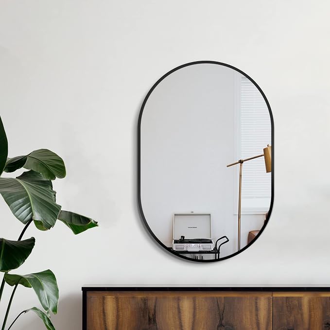 30x20 Black Oval Bathroom Mirror for Over Sink, Aluminum Frame | HD Reflection No Distortion, Aluminum Frame, Mounting Hardware for Vertical or Horizontal Mount