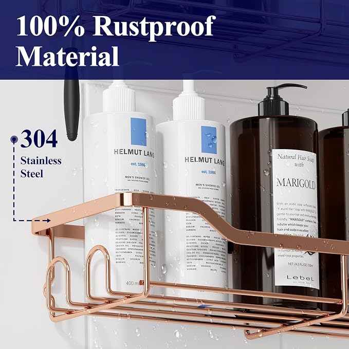 Kitsure Shower Caddy, Adhesive Shower Organizer, Large, Rose Gold | Stainless Steel Shelf for Inside Shower, No Drill Bathroom Organizers and Storage, Home Decor Accessories