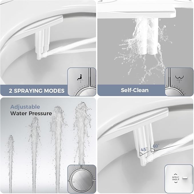 Upgrade Bidet Attachment for Toilet Seat, Adjustable Angle Dual Nozzle, Self-Cleaning, Non-Electric Bidet Attachment for Rear & Feminine Wash, Controllable Fresh Cold Water Pressure