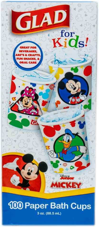 Glad for Kids Disney Mickey and Friends Mini Paper Cups, 3 Oz, 100 Count | Soak-proof bathroom rinse cups sized for little hands; colorful Mickey Mouse designs