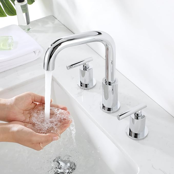 ChiLDano Bathroom Faucet 3 Hole, 2 Handle Chrome Bathroom Sink Faucet | Chrome 3 Hole Sink Faucet with Sink Drain and Water Faucet Supply Hose, Polished Silver Bathroom Water Faucets CH3166CP