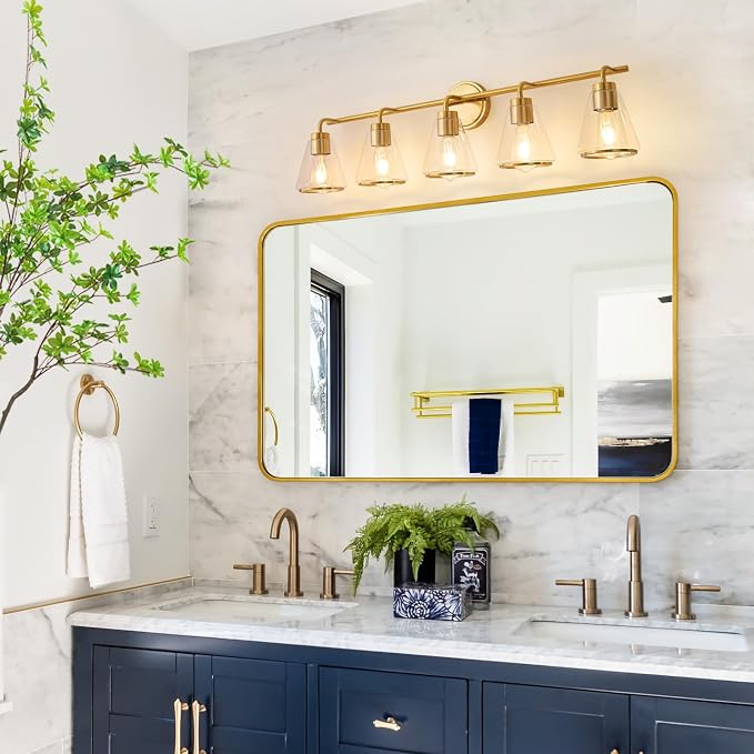 38.5" 5-Light Brushed Gold Modern Bathroom Vanity Light Fixture Over Mirror | Clear Glass Shade, Heat-Resistant Ceramic E26 Socket, Wall Sconces, Rustproof, Fit 40–48 Inch Mirrors for Vanity Table