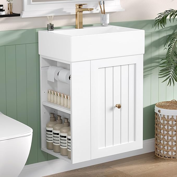 Harper & Bright Designs 20" Bathroom Vanity with Sink, Wall-Mounted Single Basin Vanity Set with One Drawer & Two-Tier Left Side Storage Shelf, Storage Cabinet with Ceramic Basin for Bathroom, White