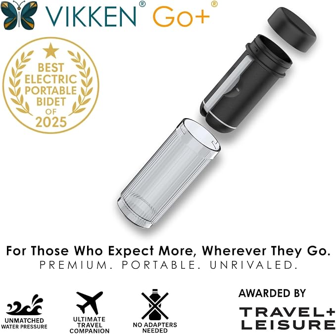 VIKKEN® Travel Bidet USB-Type C Electric Rechargeable Mobile Handheld Ultra Strong Water Spray Personal Hygiene Self Care for Men & Women, Go+ 300ml Midnight Black