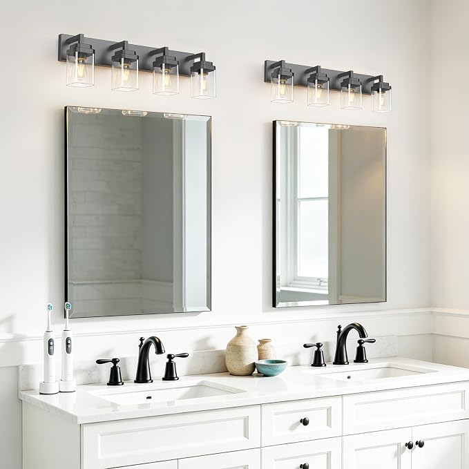 Matte Black Bathroom Light Fixtures, Modern Vanity Lights with Clear Glass Lamp Shade, Bathroom Lighting Fixtures Over Mirror, Restroom Vanity Lighting Fixture, 4-Light 30 Inch