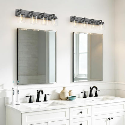 Matte Black Bathroom Light Fixtures, Modern Vanity Lights with Clear Glass Lamp Shade, Bathroom Lighting Fixtures Over Mirror, Restroom Vanity Lighting Fixture, 4-Light 30 Inch