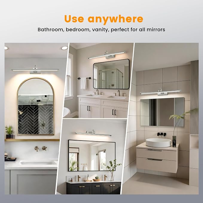 Vanity Bathroom Lights Brushed Nickel Wireless Light for Bathroom 2Pack | 10000mAh Rechargeable Battery 24in, 500LM Dimmable, Remote Control, No Wiring, 3CCT with 250° Rotatable for Bathroom Mirror