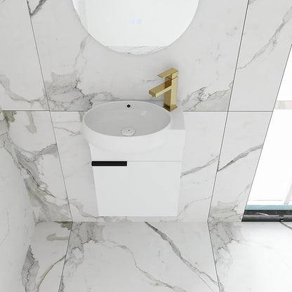 16 Inch Floating Vanity with Sink, 16'' Wall Mounted Bathroom Cabinet for Small Bathrooms, Ceramic Basin & Soft-Closed Door, White Modern Vanity Set