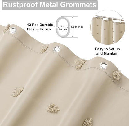 LilyCat Beige Farmhouse Tufted Floral Shower Curtain with Tassel, 72" x 78" | Waterproof Boho Fabric Shower Curtain Set with Hooks, Cute Rustic Vintage Bathroom Décor, Minimalist Cloth Bathroom Curtain