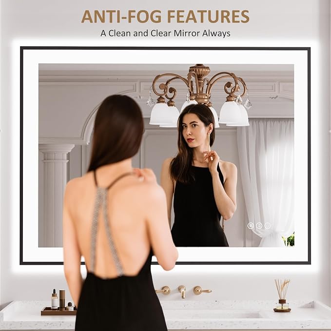 LOAAO 40"X30" LED Bathroom Mirror Black Framed | Anti-Fog, Dimmable, Memory Function, Tempered Glass, Lighted Vanity Mirror for Wall