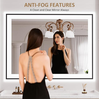 LOAAO 40"X30" LED Bathroom Mirror Black Framed | Anti-Fog, Dimmable, Memory Function, Tempered Glass, Lighted Vanity Mirror for Wall
