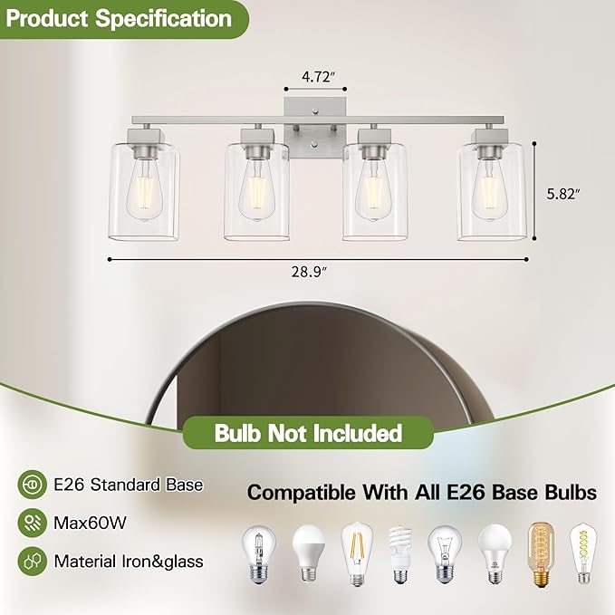 Espird 4 Light Bathroom Vanity Light - Brush Nickel Matte Vanity Lights Square Design & UL Certification & Square 26” Silver Bathroom Lights Fixture Over Mirror, Brush Nickel Light for Bedroom