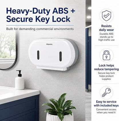 Commercial Double Roll Toilet Paper Dispenser Wall Mount | Holds Rolls up to 9 in, Lockable, Visible Window, Sliding Divider, No-Drill Installation, Heavy Duty ABS
