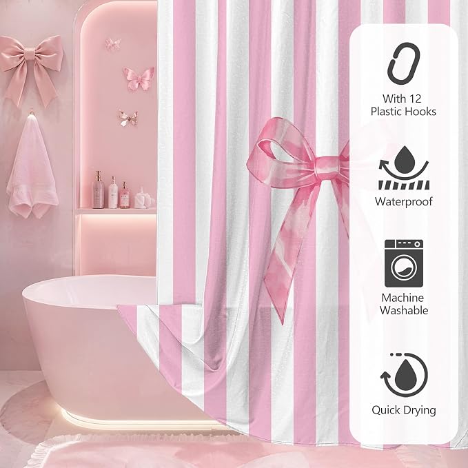 Tititex Cute Candy Cane Striped Pink Bow 140gsm Faux Linen Fabric Shower Curtain, Elegant Classic Shower Curtain Sets Decoration 72x72 Inch with Hooks