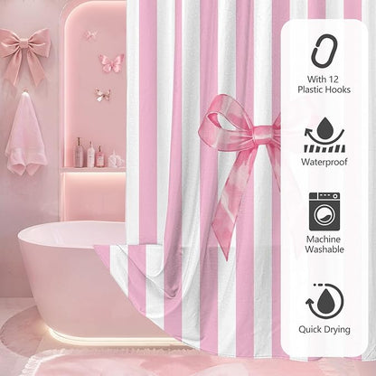 Tititex Cute Candy Cane Striped Pink Bow 140gsm Faux Linen Fabric Shower Curtain, Elegant Classic Shower Curtain Sets Decoration 72x72 Inch with Hooks