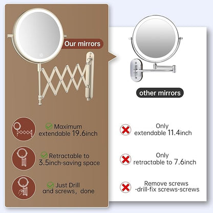 5000mAh Rechargeable Wall Mounted Makeup Mirror - 8 Inch Double Sided 1X/30X Magnifying Mirror with 3 Color Lights Dimmable Touch Screen, 360°Swivel 19.6 Inch Extendable Accordion Bathroom Mirror