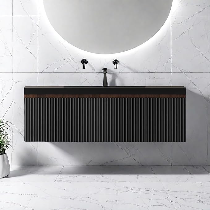 Wall Mounted Bathroom Sink Vanity, Modern 48" Floating Vanity with Resin Basin, U-Shaped Soft-Close Storage Drawer & Side Door, Striped Bathroom Storage Cabinet with Invisible Handle, Black