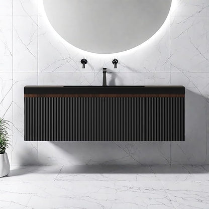 Wall Mounted Bathroom Sink Vanity, Modern 48" Floating Vanity with Resin Basin, U-Shaped Soft-Close Storage Drawer & Side Door, Striped Bathroom Storage Cabinet with Invisible Handle, Black