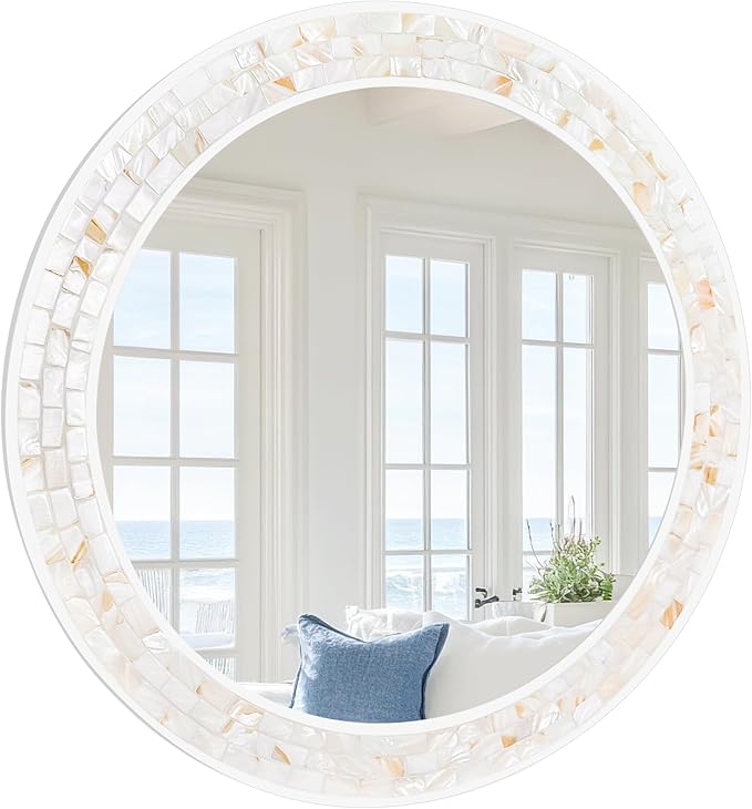 Tanmicoshomy Round Wall Mirror 24 Inch,Circle Mosaic Mirror with Natural Mother of Pearl and Wood Frame, Decorative Coastal Round Wall Mirror for Bathroom Bedroom Living Room Entryway