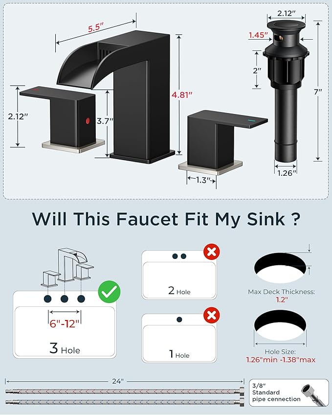 FORIOUS Square Black and Brushed Nickel Bathroom Faucets 3 Hole, Waterfall 8 Inch Widespread Bathroom Sink Faucet with Metal Pop-up Drain and Supply Lines, Two Handles for Vanity, Laundry Room, Basin