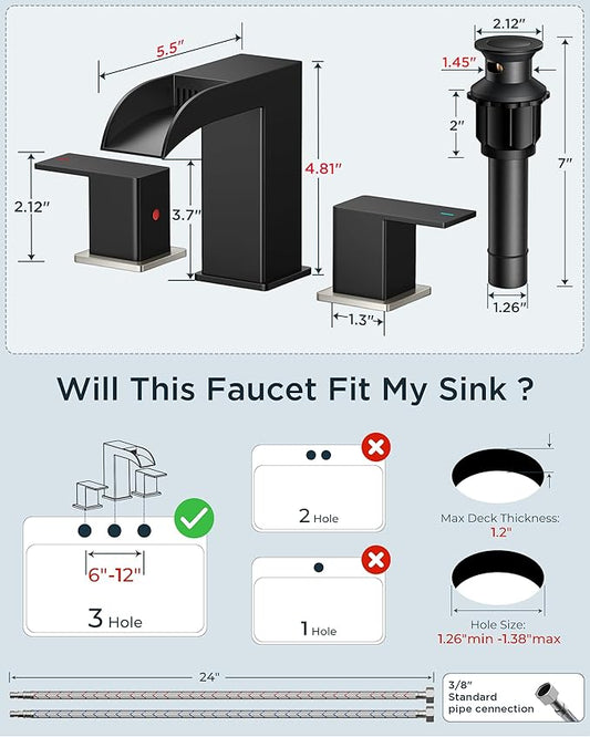 FORIOUS Square Black and Brushed Nickel Bathroom Faucets 3 Hole, Waterfall 8 Inch Widespread Bathroom Sink Faucet with Metal Pop-up Drain and Supply Lines, Two Handles for Vanity, Laundry Room, Basin