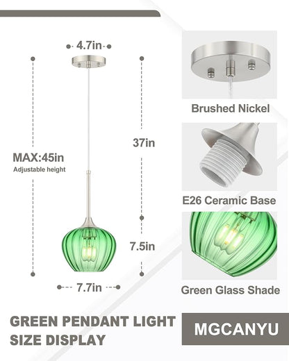 Green Pendant Lights Kitchen Island, 7.7" Vintage Glass Pendant Lighting with Brushed Nickel Adjustable Hanging Light Fixtures for Kitchen, Dining Room, Sink, Bathroom