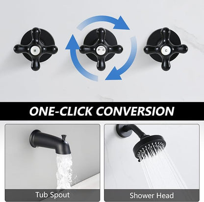 3 Handle Shower Faucet Set with Tub Spout Matte Black | Three Knod Tub and Shower Trim Kit 3 Handles Bathtub Shower Faucets Completes with Brass Valve