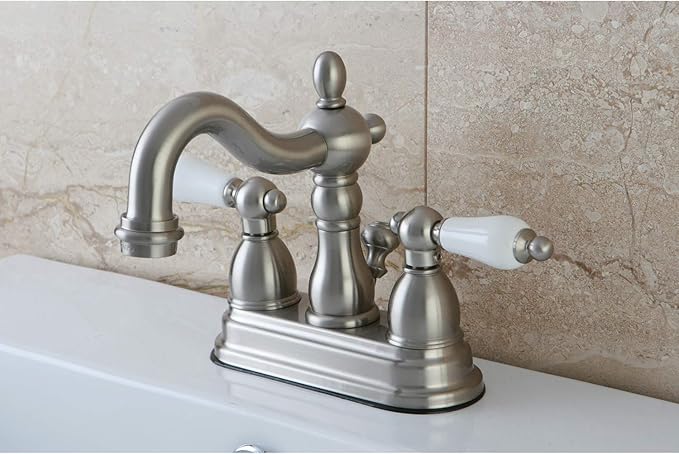 Kingston Brass KB1608PL Heritage 4-Inch Centerset Lavatory Faucet with Porcelain Lever Handle, Brushed Nickel