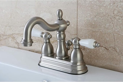Kingston Brass KB1608PL Heritage 4-Inch Centerset Lavatory Faucet with Porcelain Lever Handle, Brushed Nickel
