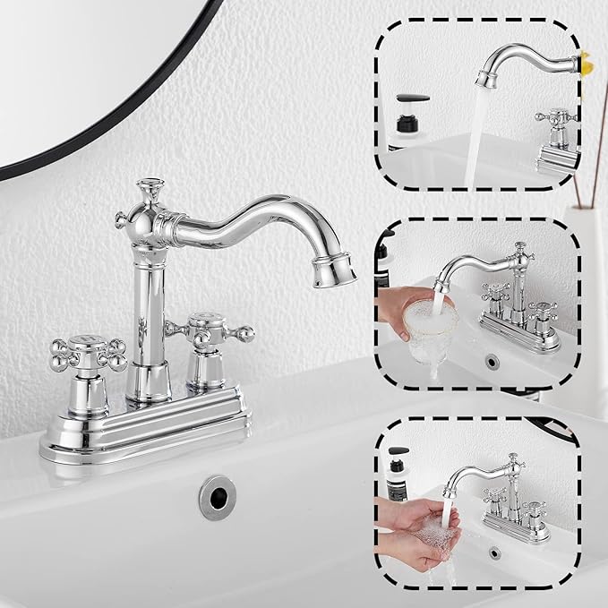 Chrome Bathroom Faucet GGStudy 2 Handles 4 Inches Centerset Bathroom Vanity with Drain Assembly and Supply Hose Lavatory Faucet Mixer Double Handle Tap