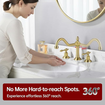 SUMERAIN 8 inch Widespread Bathroom Sink Faucet, Brushed Gold | 3 Holes, 2 Handle, 360°Swivel Spout, Vintage Style