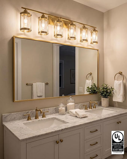 6-Light Brushed Gold Bathroom Light Fixtures Over Mirror with Clear Glass and Metal Cage Shade, 42" UL-Listed Modern Farmhouse Wall Sconce for Bath, Hardwire E26, OS-3014BG-6W