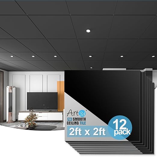 Art3d 12-Pack Smooth Drop Ceiling Tile 2ft x 2ft - Fire-Rated, Waterproof, Reusable - Premium PVC, No Sag and Breakage - Cover 48 Sq. Ft, Black | 2 x 2 ft, PVC, Waterproof, Fire-Rated, Reusable, Compatible with Grid System, Perfect for Living Room