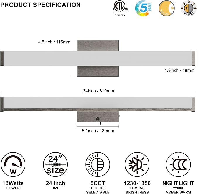 24 Inch Bathroom Vanity Light Fixtures with Night Light: Long Square Wall Mounted LED Lighting Bar over mirror with 5CCT & 2200K Color Changing, 120V, 1230-1350lm, ETL, Brushed Nickel, 2-Pack