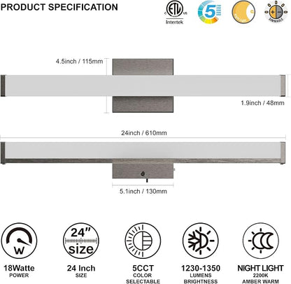 24 Inch Bathroom Vanity Light Fixtures with Night Light: Long Square Wall Mounted LED Lighting Bar over mirror with 5CCT & 2200K Color Changing, 120V, 1230-1350lm, ETL, Brushed Nickel, 2-Pack