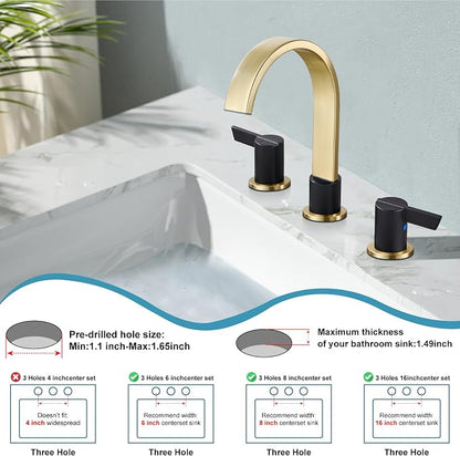Midanya 8 Inch Widespread Bathroom Sink Faucet 3 Hole,Black and Gold Spout | Waterfall Swivel Spout,2 Handle,SUS304,with Pop Up Drain,cUPC 24" Water Hose,for 6-16” hole distance vanity,RV,Farmhouse Sink