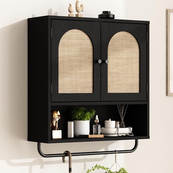 RUSTOWN Rattan Bathroom Wall Cabinet, Boho Medicine Cabinet with 2 Doors | Arched Doors, Farmhouse Over The Toilet Storage Cabinets, Adjustable Shelves, Towel Bar, 3-Tier Wall Mounted Cabinets