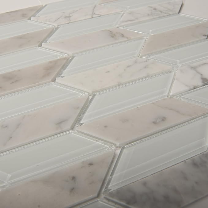 Art3d 11x12 inch White Marble Glass Mosaic Tile, Mesh-Mounted (4 sq.ft/Box) for Kitchen Backsplash, Bathroom, Shower Wall, 5 Pieces
