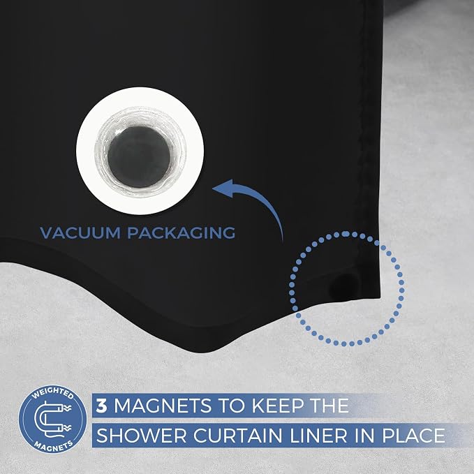 downluxe Waterproof Fabric Shower Curtain Liner, Soft Cloth Shower Liner with Magnets, Machine Washable & Hotel Quality Bathroom Curtain, 70" W x 72" L, Black