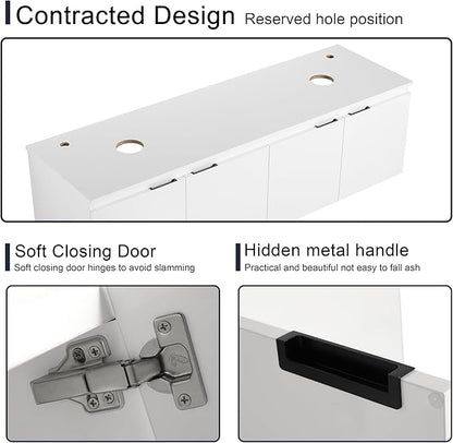 60 Inch Bathroom Vanity with Sink, 60" Floating Bathroom Vanity with Double Vessel Sinks, Modern Wall Mounted Cabinet Set, White Cabinet with 4 Doors and 2 Black Ceramic Basin Sinks, Large Countertop